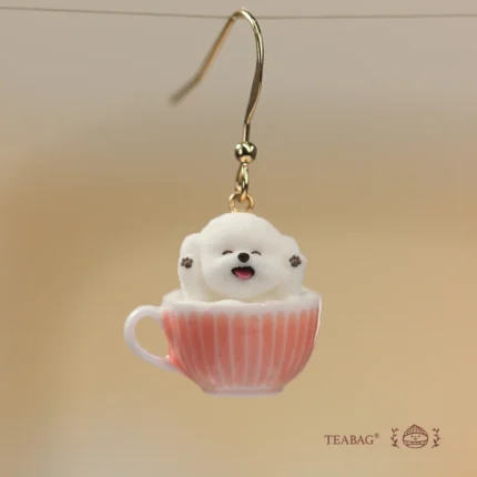 Charming Handmade Earrings - Cute White Puppies in Pink Teacups