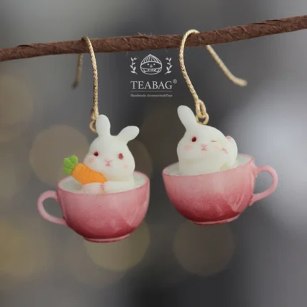 Charming Handmade Earrings - Cute Bunny Figurines in Pink Cups with Carrot Detail