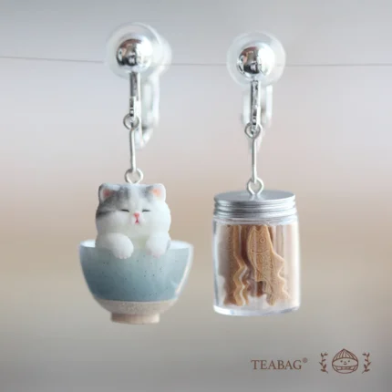 Charming Handmade Earrings - Adorable Cat in Bowl & Fish - shaped Biscuit Jar