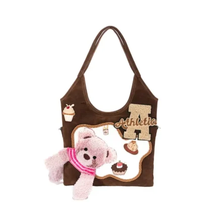 Cute Brown Shoulder Bag with "Athletic" Patch, Plush Teddy Bear and Dessert - themed Embellishments